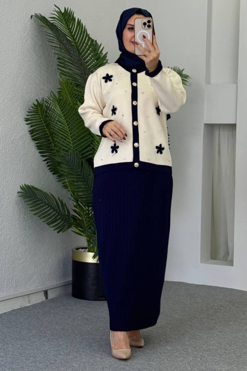 Nergis Çiçekli Etekli Takım Lacivert