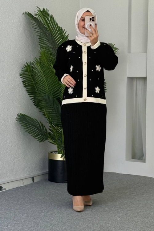 Nergis Çiçekli Etekli Takım Anadolu Siyahı