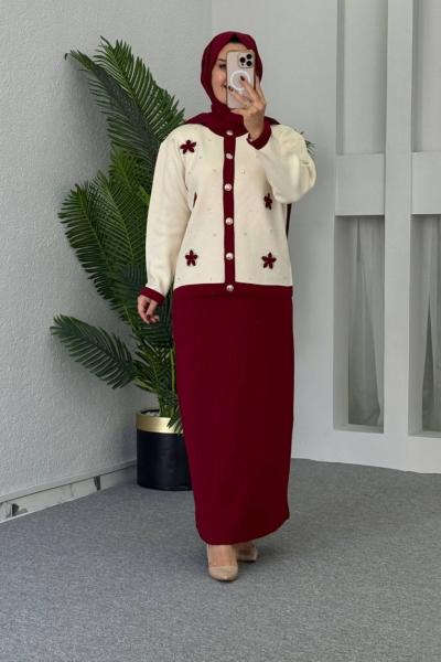 Nergis Çiçekli Etekli Takım Bordo