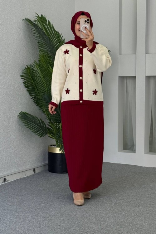 Nergis Çiçekli Etekli Takım Bordo