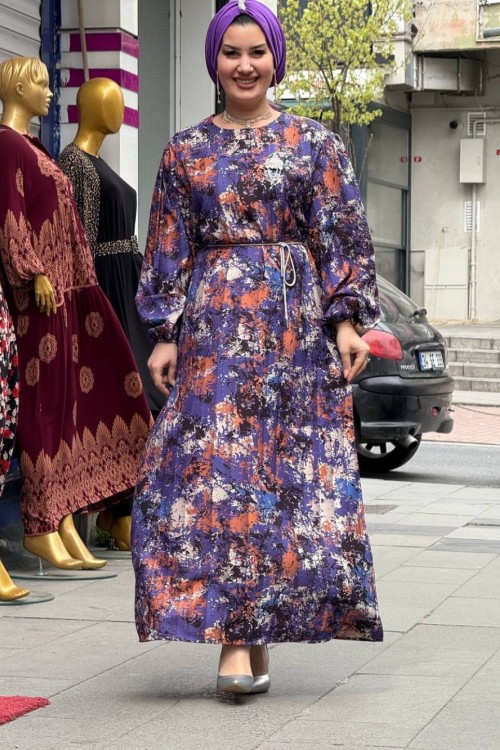 NURSEL krep elbise Mor