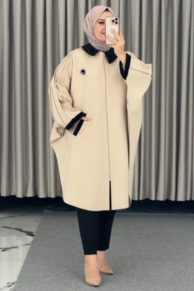 önü fermuarlı kürklü panço Krem