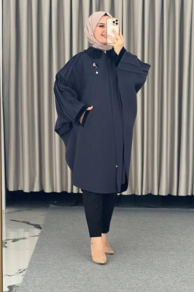 önü fermuarlı kürklü panço Lacivert