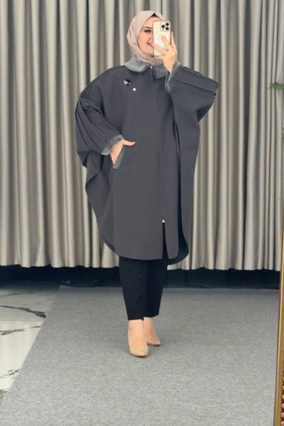 önü fermuarlı kürklü panço Füme