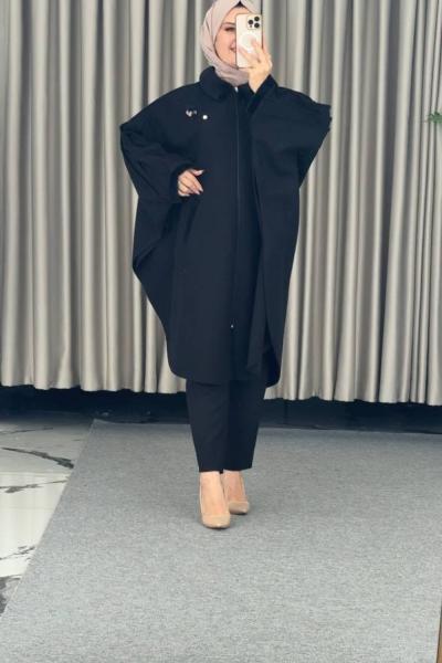 önü fermuarlı kürklü panço Siyah