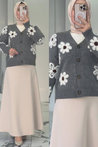 Orkide Etekli Hırkalı Takım Füme