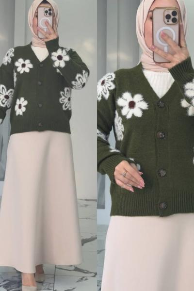 Orkide Etekli Hırkalı Takım Haki