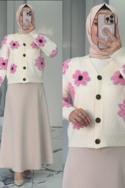 Orkide Etekli Hırkalı Takım Beyaz