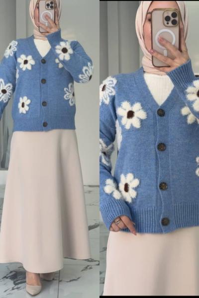 Orkide Etekli Hırkalı Takım Mavi