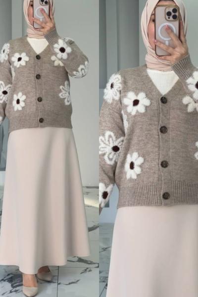 Orkide Etekli Hırkalı Takım Vizon