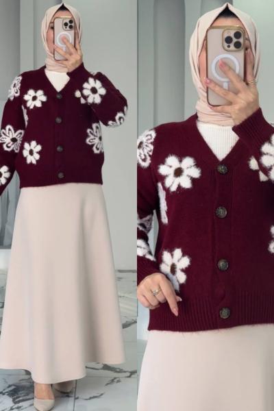 Orkide Etekli Hırkalı Takım Bordo