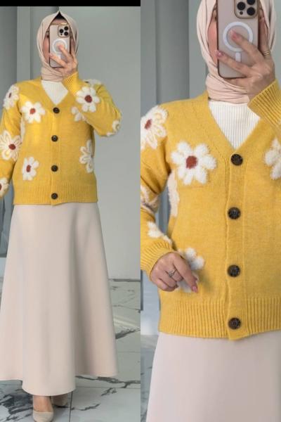 Orkide Etekli Hırkalı Takım Sarı