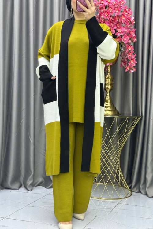 PARÇA DETAYLI ÜÇLÜ TAKIM Yağ Yeşili