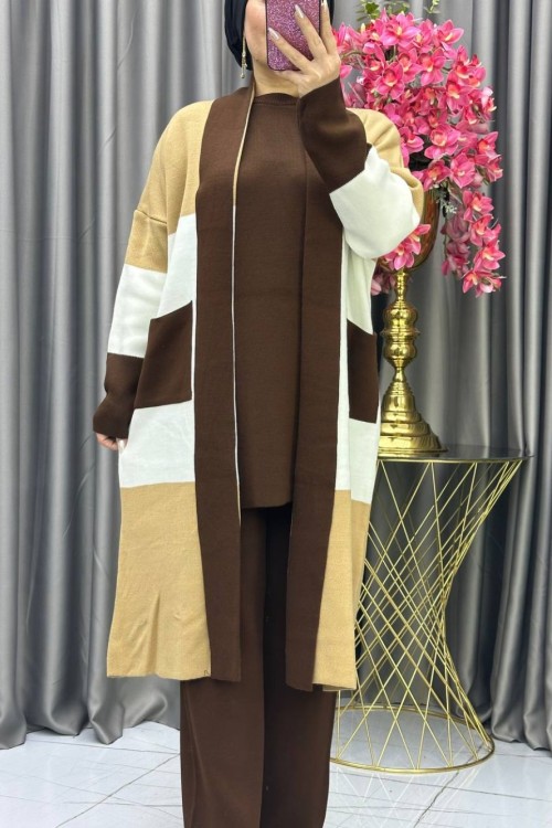 PARÇA DETAYLI ÜÇLÜ TAKIM Kahverengi