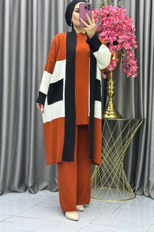 PARÇA DETAYLI ÜÇLÜ TAKIM Kiremit