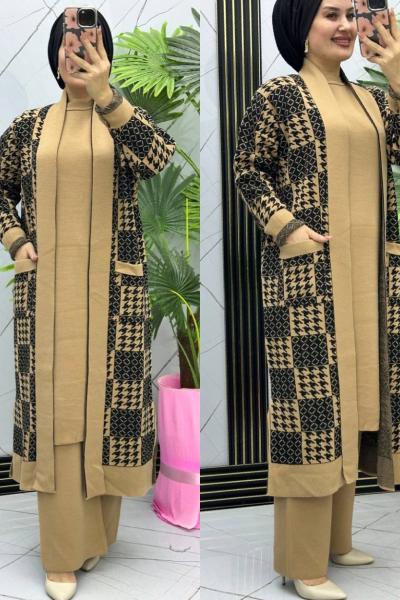 PERİVAN desenli yeleklİ  triko takım Taba