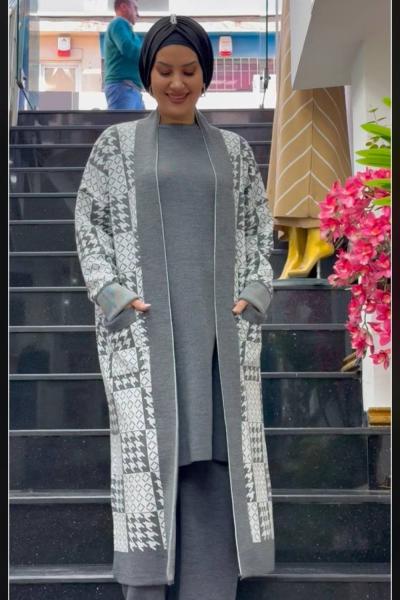 PERİVAN desenli yeleklİ  triko takım Gri Kemik