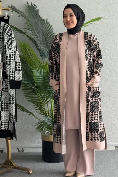 PERİVAN desenli yeleklİ  triko takım Pudra