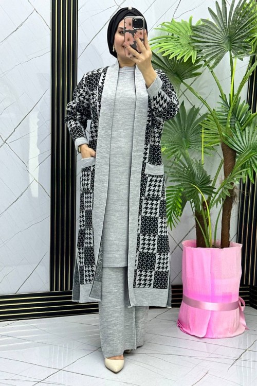 PERİVAN desenli yeleklİ  triko takım Gri