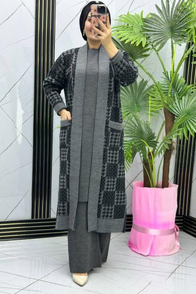 PERİVAN desenli yeleklİ  triko takım Füme