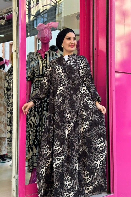 Rüya  Leopar DESENLİ VİSKON ELBİSE Siyah