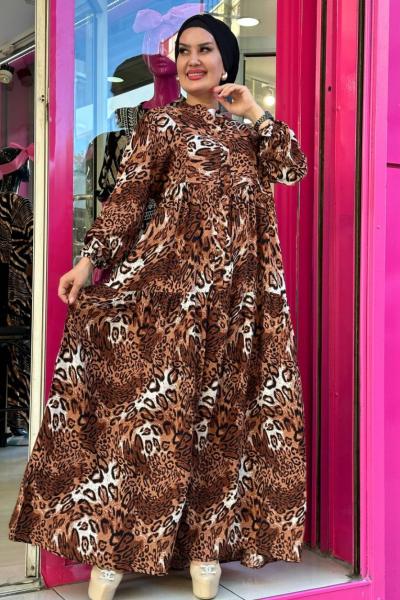 Rüya  Leopar DESENLİ VİSKON ELBİSE Turuncu