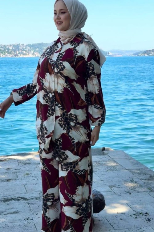 Şaheser Viskon Pantolonlu Tunik Takım Bordo