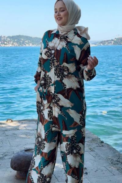 Şaheser Viskon Pantolonlu Tunik Takım Zümrüt
