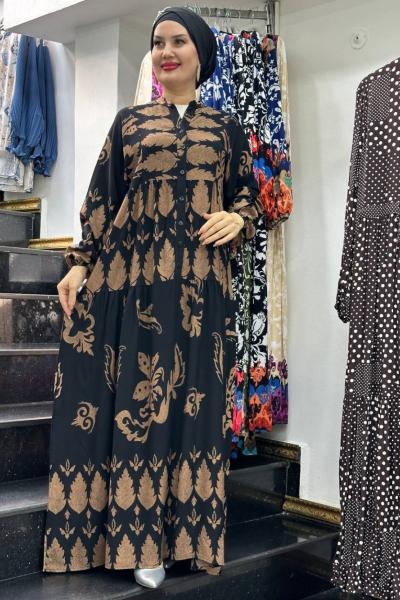 ŞAHSULTAN  DESENLİ VİSKON ELBİSE Siyah