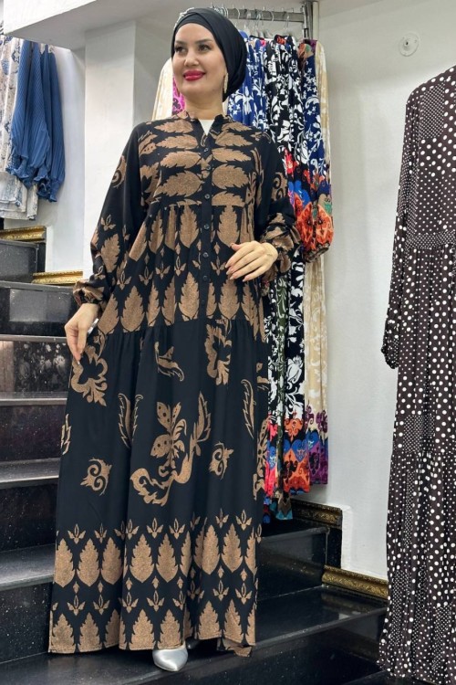 ŞAHSULTAN  DESENLİ VİSKON ELBİSE Siyah
