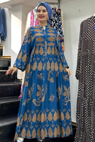 ŞAHSULTAN  DESENLİ VİSKON ELBİSE Mavi