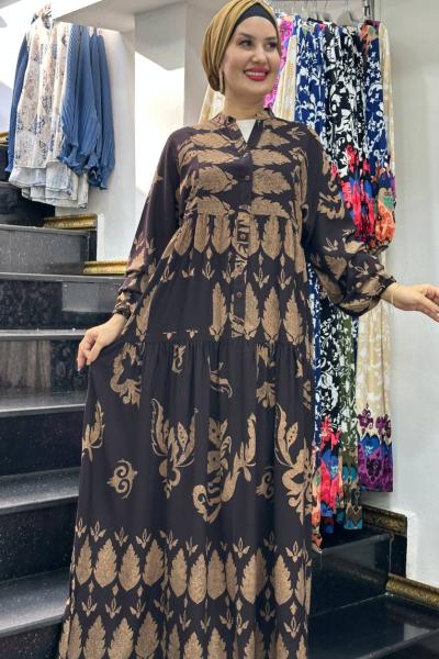 ŞAHSULTAN  DESENLİ VİSKON ELBİSE Kahverengi