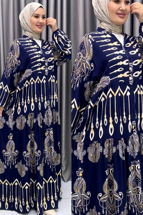 Sarmaşık Viskon Elbise Lacivert