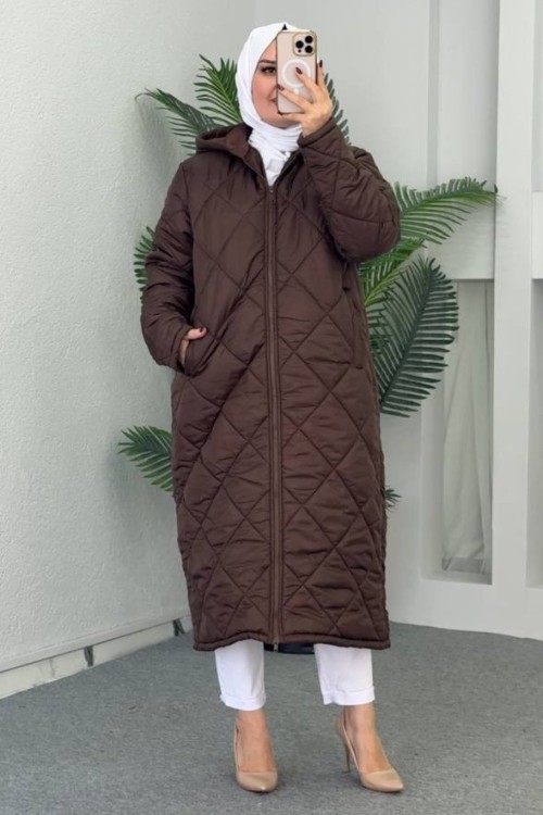 Sena Uzun Şişme Mont Acı Kahve