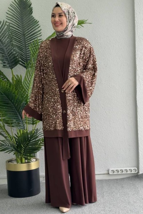 Tilda Pullu Üçlü Takım Kahverengi