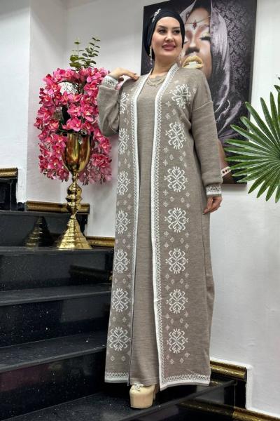 Vira Desenli Hırkalı Elbise takım Vizon