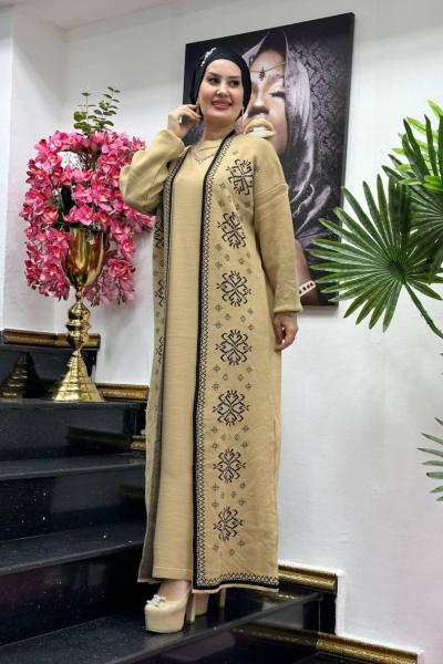 Vira Desenli Hırkalı Elbise takım Camel