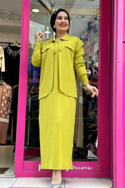 Yağmur Yelekli Elbise Triko Takım Yağ Yeşili