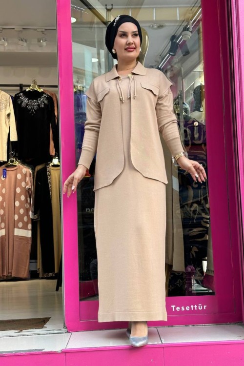 Yağmur Yelekli Elbise Triko Takım Taba