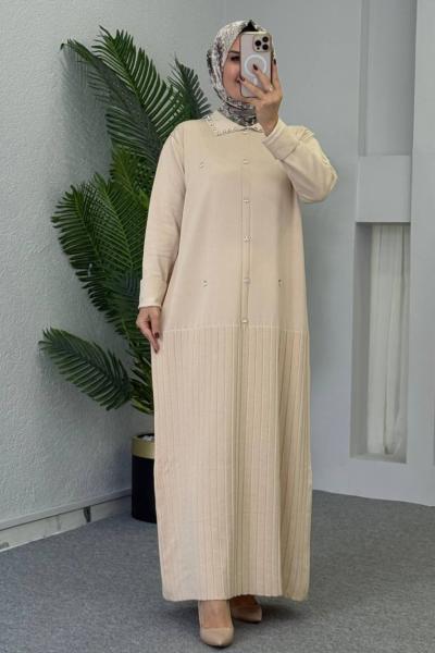 Yakalı Triko Elbise Krem