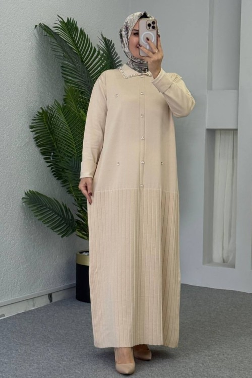 Yakalı Triko Elbise Krem