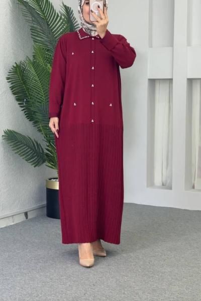 Yakalı Triko Elbise Bordo