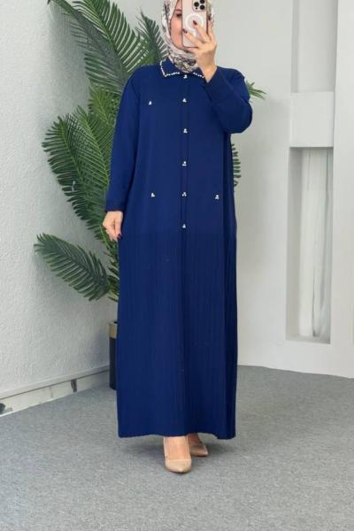 Yakalı Triko Elbise Lacivert