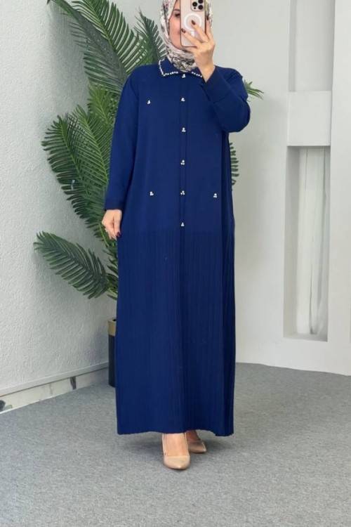 Yakalı Triko Elbise Lacivert