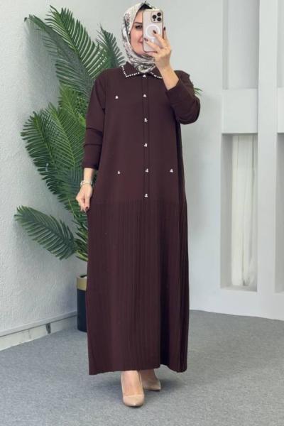 Yakalı Triko Elbise Acı Kahve