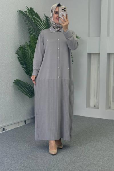 Yakalı Triko Elbise Gri