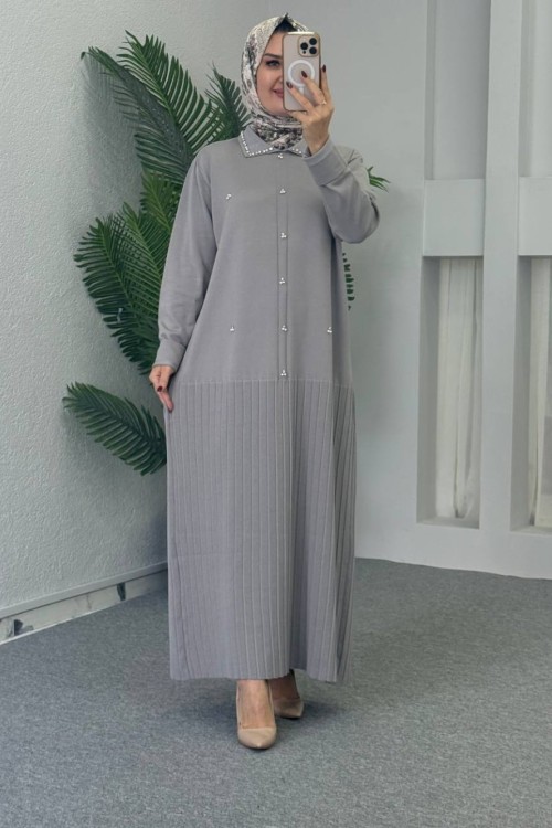 Yakalı Triko Elbise Gri