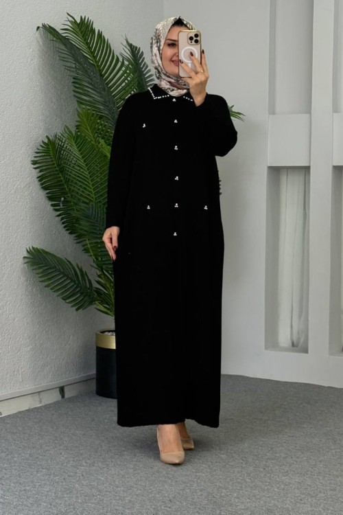 Yakalı Triko Elbise Siyah