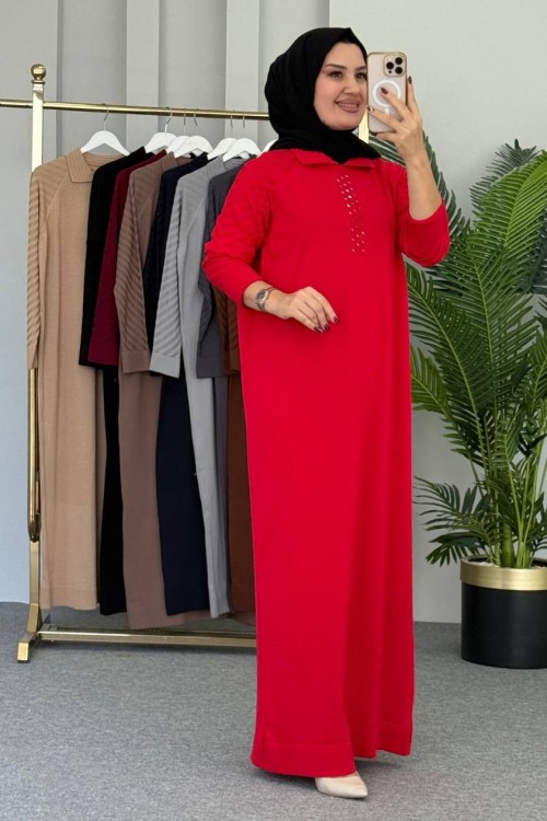 Yaprak Merserize Elbise Kırmızı