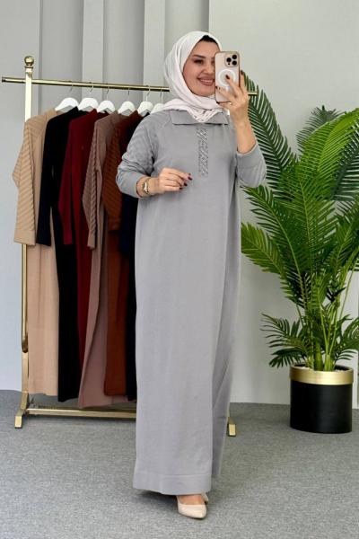 Yaprak Merserize Elbise Gri